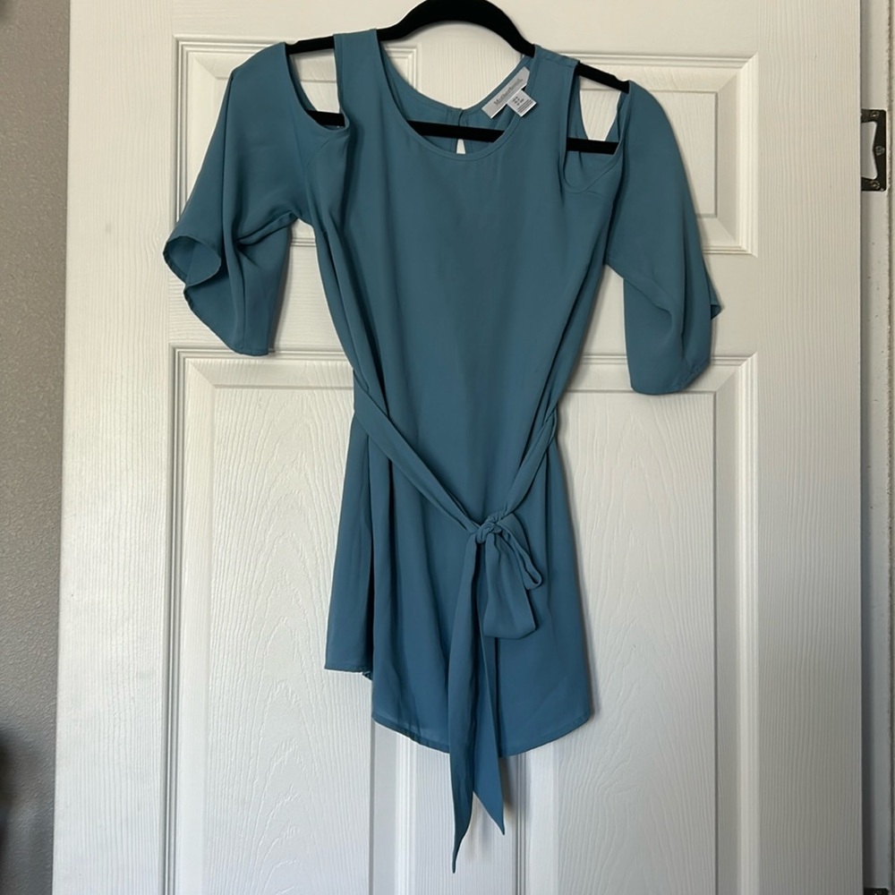 Motherhood Maternity Baby Blue Cold Shoulder Top with Bell Sleeves and Waist Tie